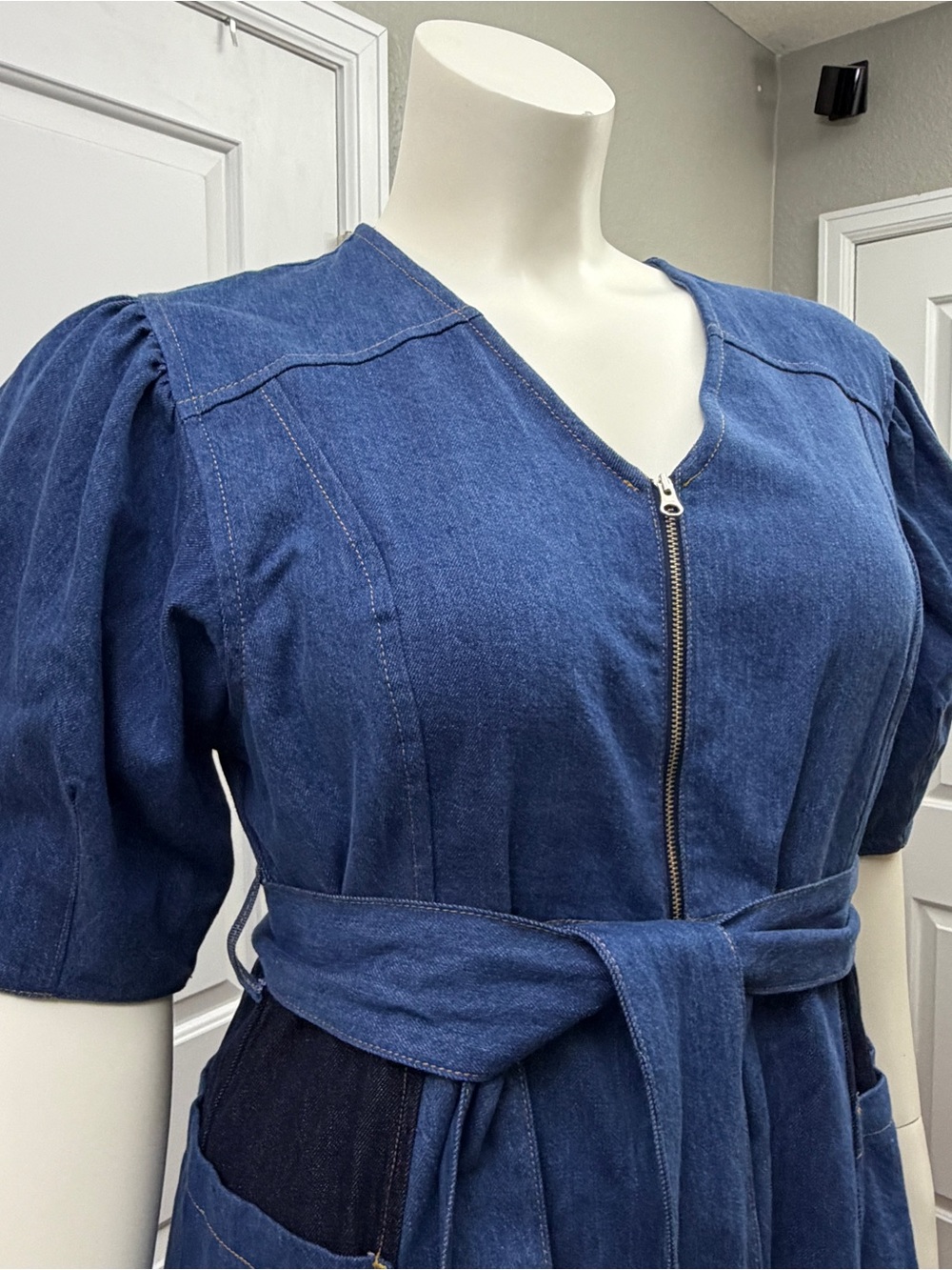 Aligne Jalen Patchwork Denim Midi Dress w/Tie Belt US14/UK18